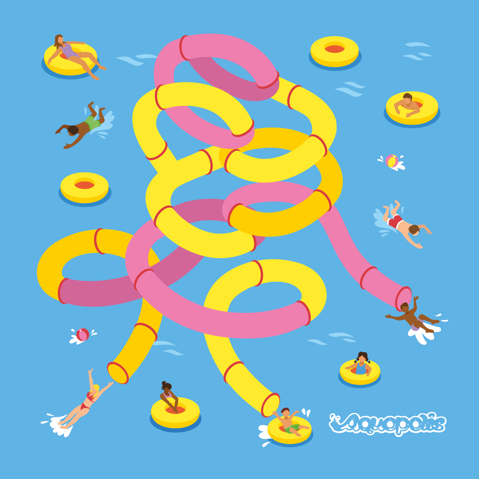 Ilustración de toboganes de agua amarillos y rosas entrelazados, con el logotipo Aquopolis