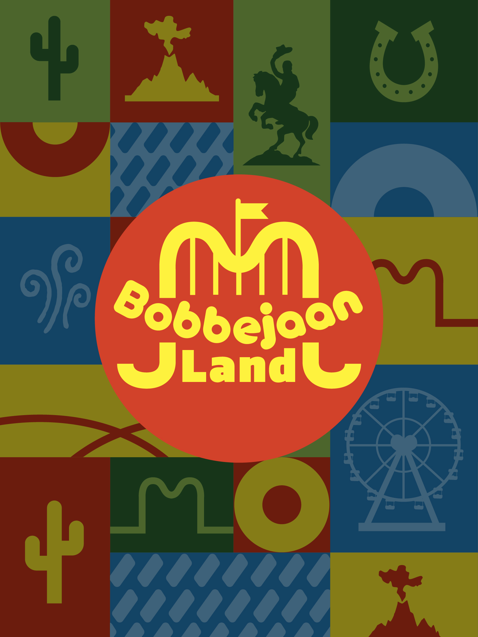 Patrón de iconos coloridos con el logotipo circular rojo de Bobbejaanland