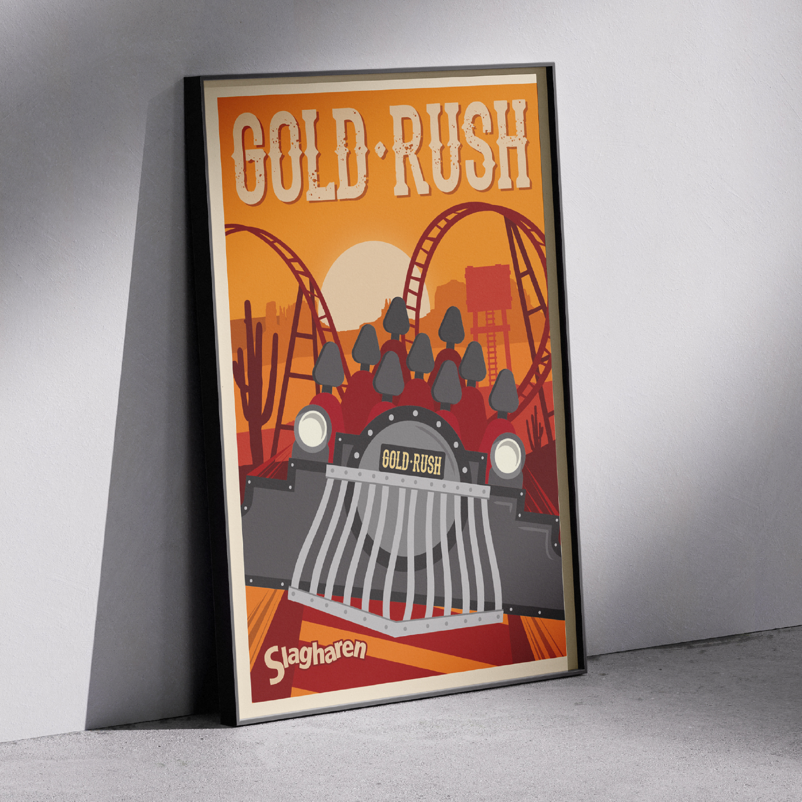 Cartel ilustrado "Gold Rush" de la atracción de Slagharen, con una montaña rusa de madera y un pueblo del salvaje oeste