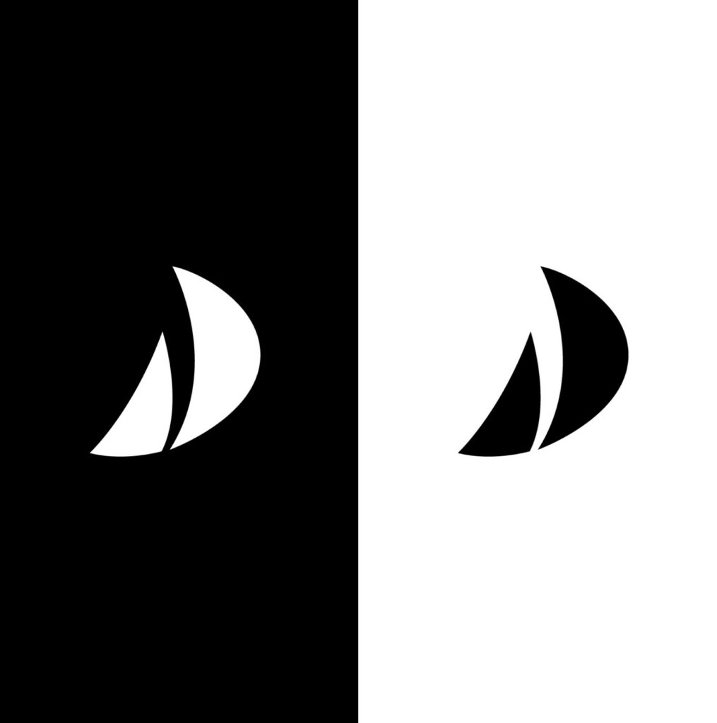 Isotipo de vela en negativo, blanco sobre negro y negro sobre blanco
