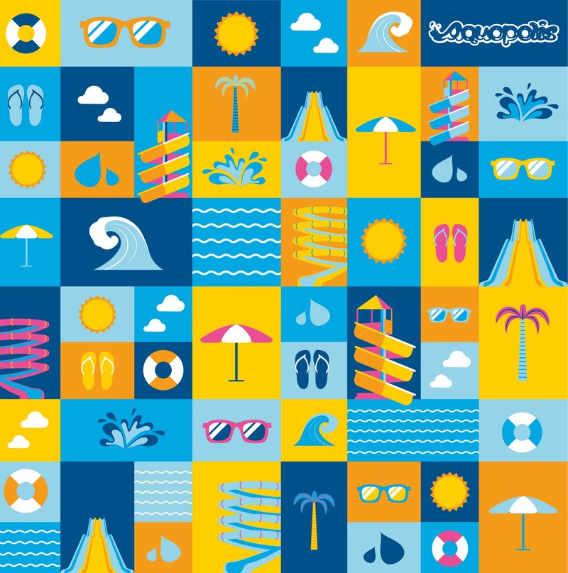 Patrón de iconos veraniegos (flotador, gafas de sol, sol, tobogán, palmera, chanclas) en azul, amarillo y naranja, con el logotipo Aquopolis