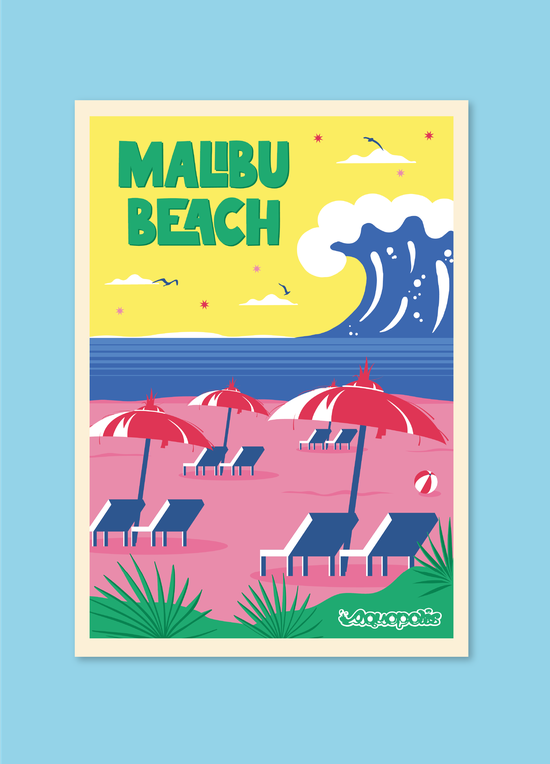 Cartel ilustrado "Malibu Beach" con una ola, hamacas y sombrillas en una playa rosa, con el logotipo Aquopolis