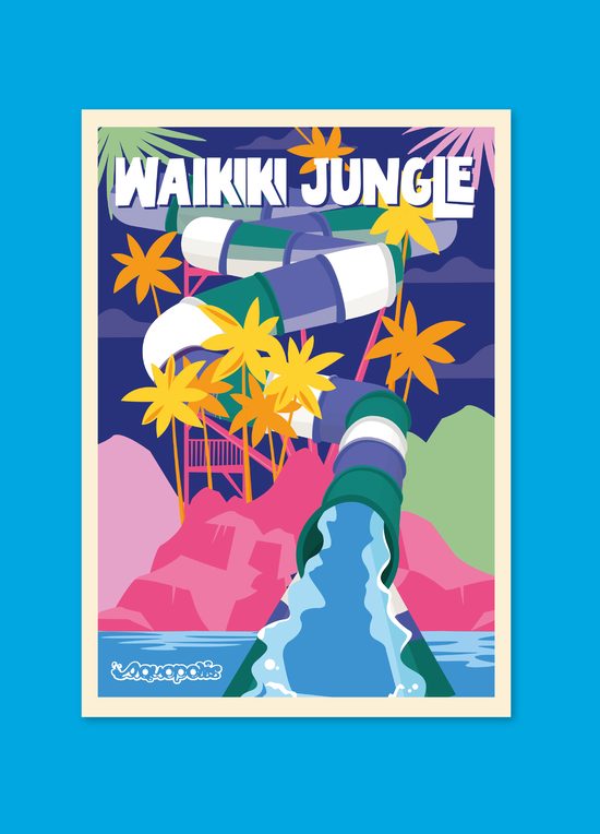 Cartel ilustrado "Waikiki Jungle" con un tobogán de agua entre palmeras, con el logotipo Aquopolis