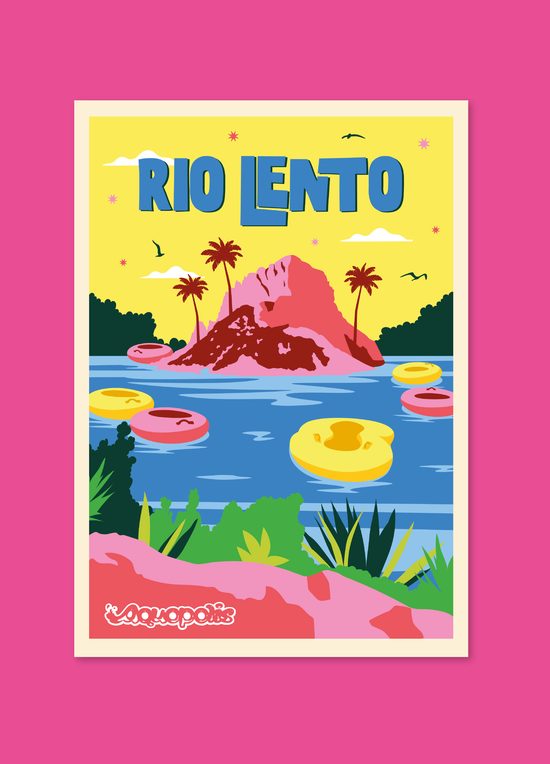Cartel ilustrado "Río Lento" con flotadores en un río junto a una isla rocosa, con el logotipo Aquopolis