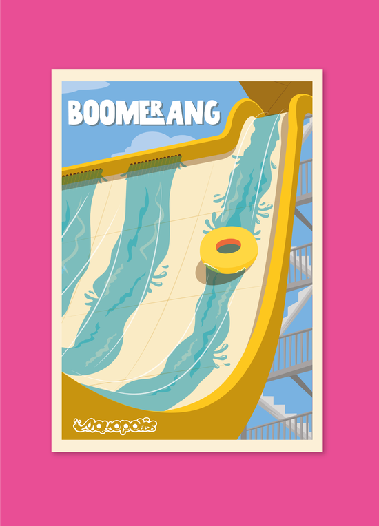 Cartel ilustrado "Boomerang" con un tobogán de agua visto desde arriba y un flotador amarillo, con el logotipo Aquopolis