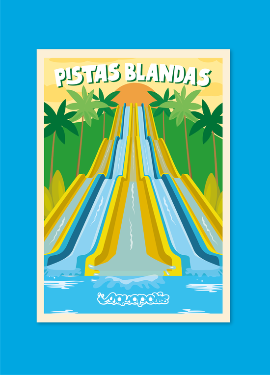 Cartel ilustrado "Pistas Blandas" con varios toboganes descendiendo entre palmeras, con el logotipo Aquopolis