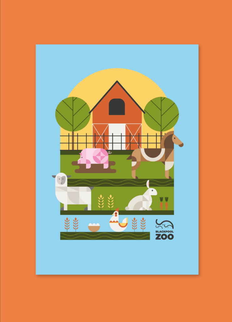 Cartel ilustrado de una casa junto a una jirafa sobre fondo naranja