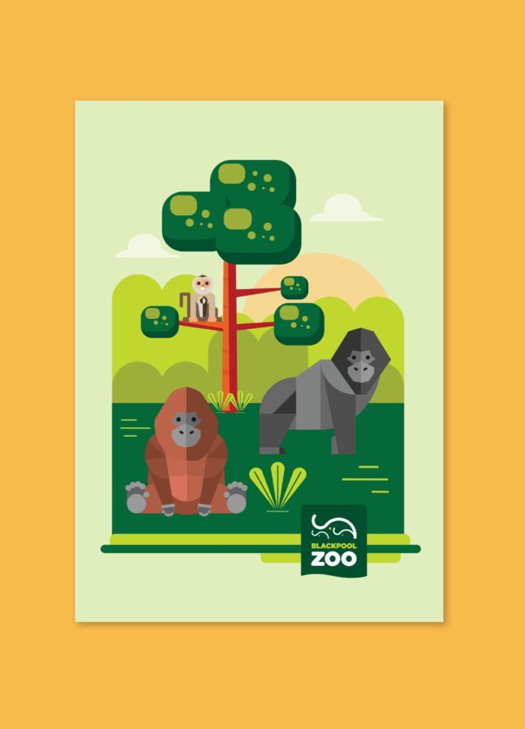 Cartel ilustrado de un mono en un árbol sobre fondo verde