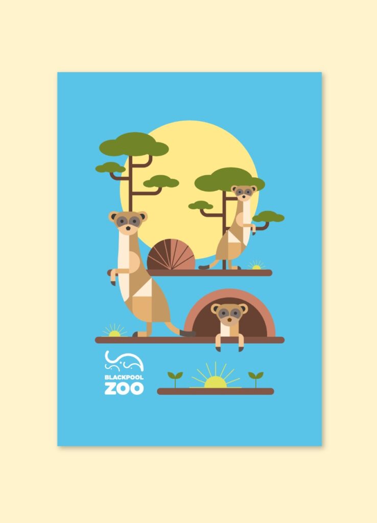 Cartel ilustrado de una familia de leones sobre fondo amarillo
