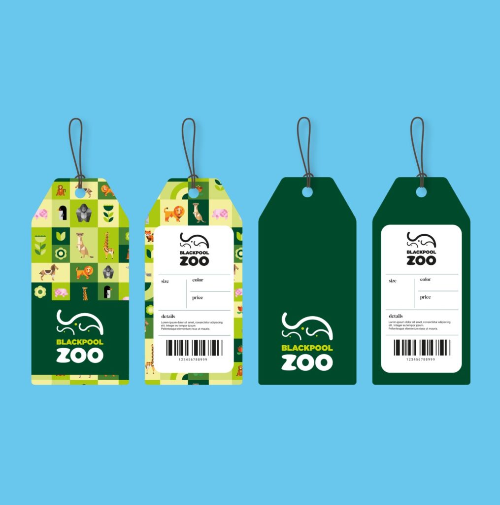 Etiquetas de producto con el logotipo de Blackpool Zoo y código de barras