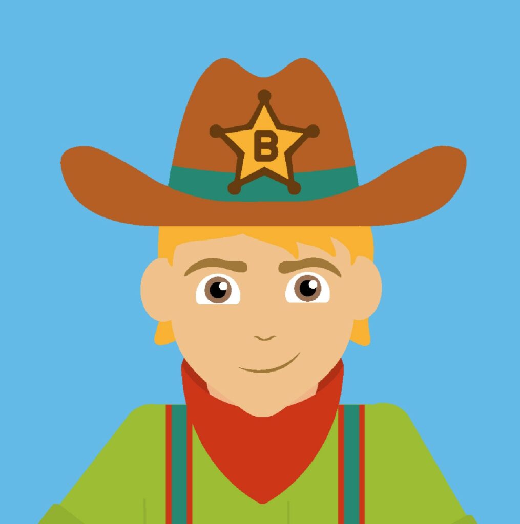 Personaje mascota ilustrado de un niño vaquero con sombrero marrón y placa de sheriff con la letra B
