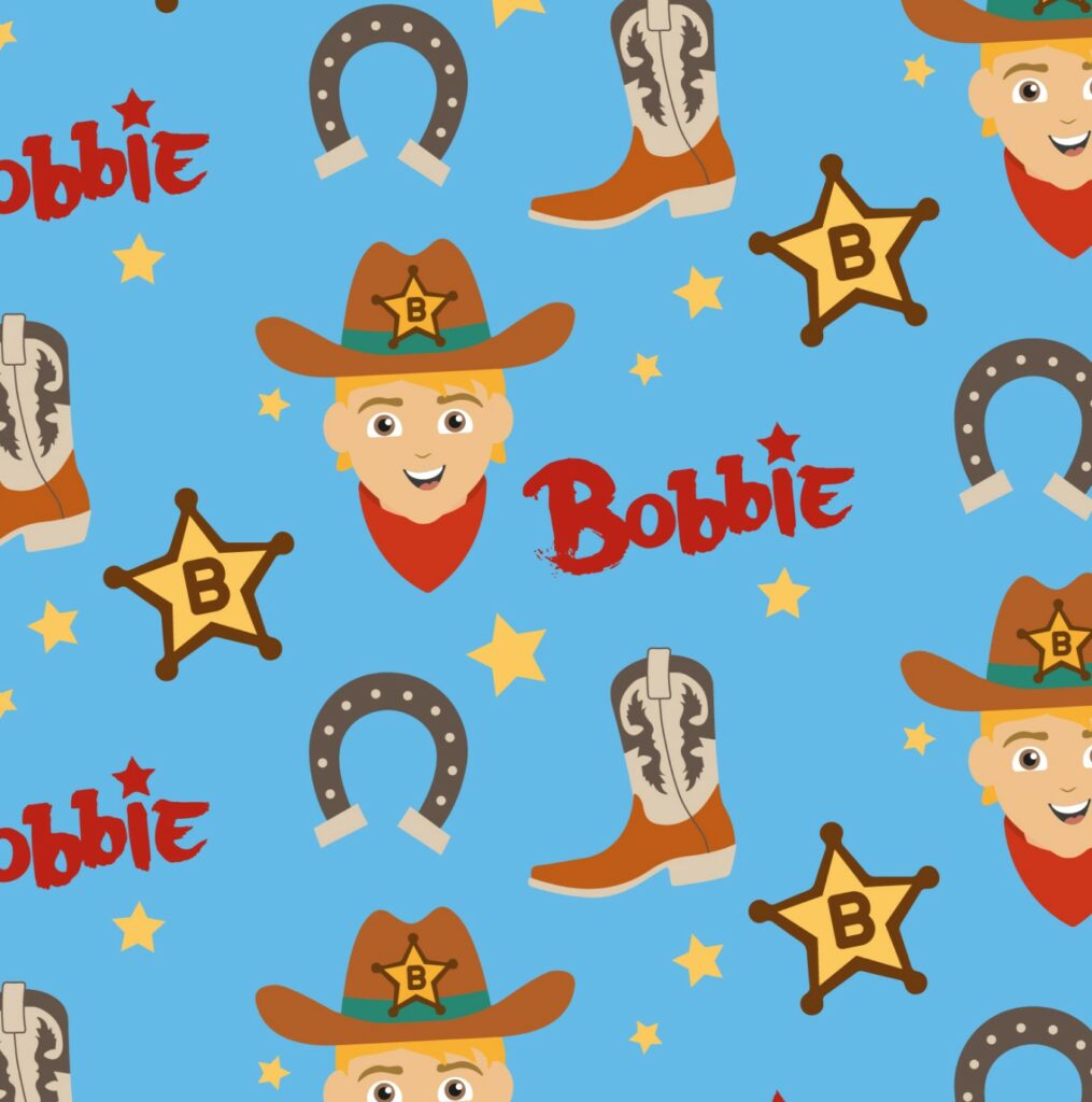 Patrón repetido con el personaje "Bobbie", botas de vaquero, herraduras y estrellas