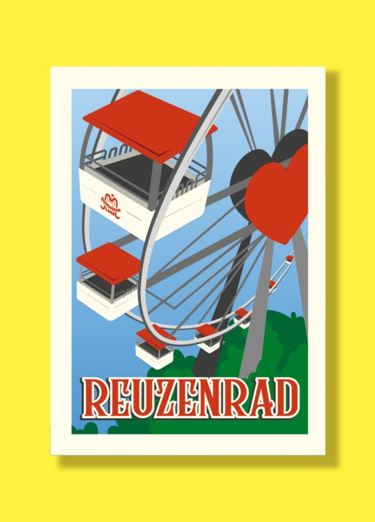 Cartel ilustrado "Reuzenrad" (noria) con un acento en forma de corazón rojo