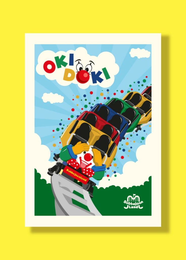 Cartel ilustrado "Oki Doki" de una montaña rusa con una mascota de payaso
