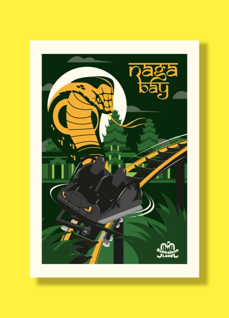 Cartel ilustrado "Naga Bay" con una cobra y el trazado de una montaña rusa