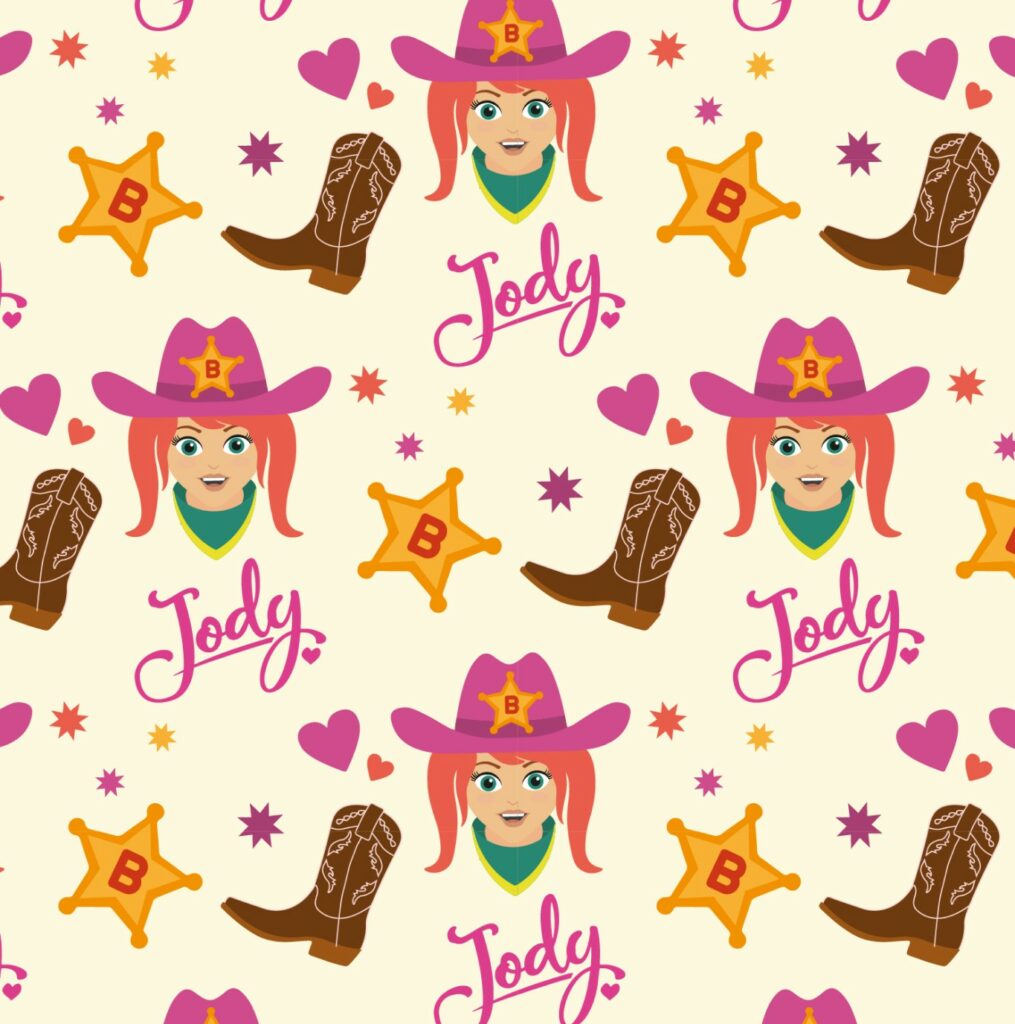 Patrón repetido con el personaje "Jody", botas de vaquero, estrellas de sheriff y corazones