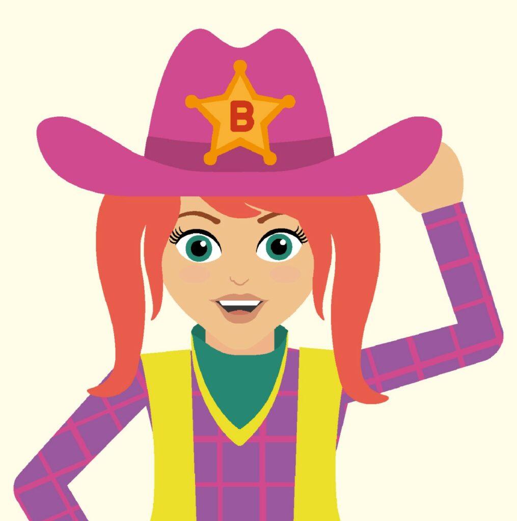 Personaje mascota ilustrado de una niña vaquera con sombrero rosa y placa de sheriff con la letra B