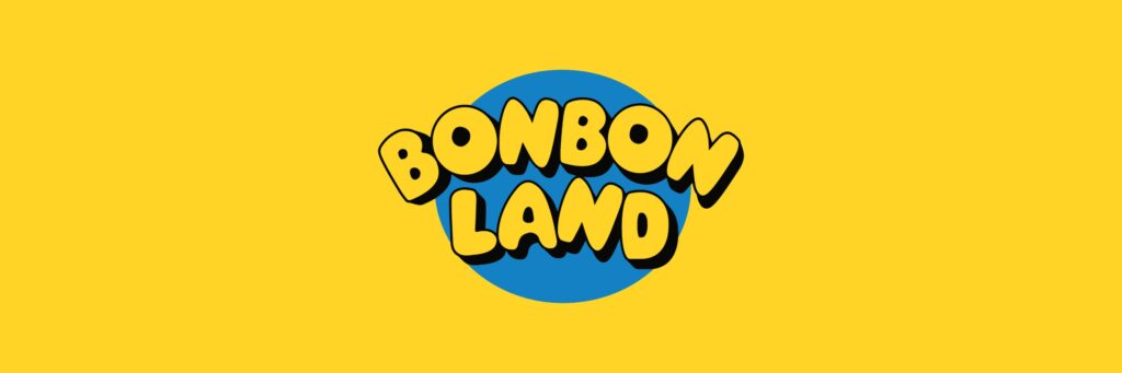 Banner con el logotipo de Bonbonland en letras redondeadas sobre fondo amarillo