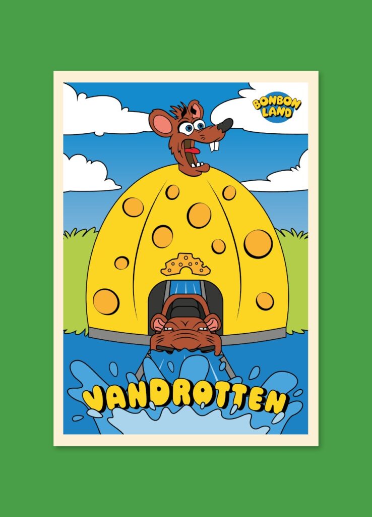 Cartel ilustrado de un personaje junto a una atracción acuática sobre fondo verde