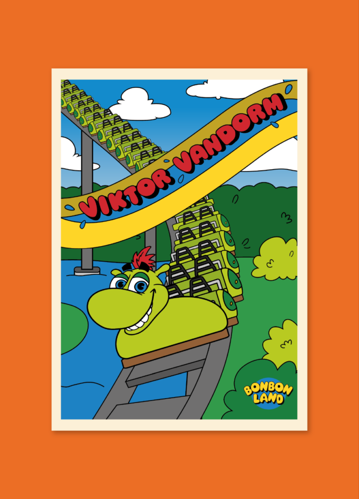 Cartel ilustrado de una montaña rusa sobre fondo naranja