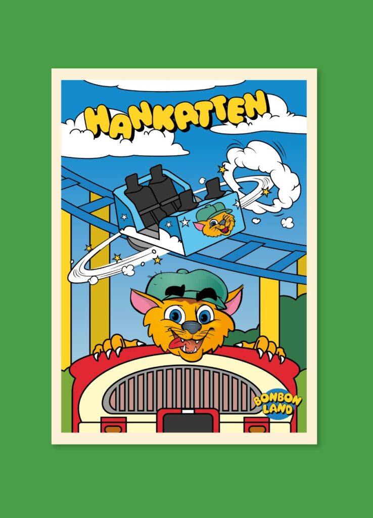 Cartel ilustrado de un personaje volando sobre fondo azul