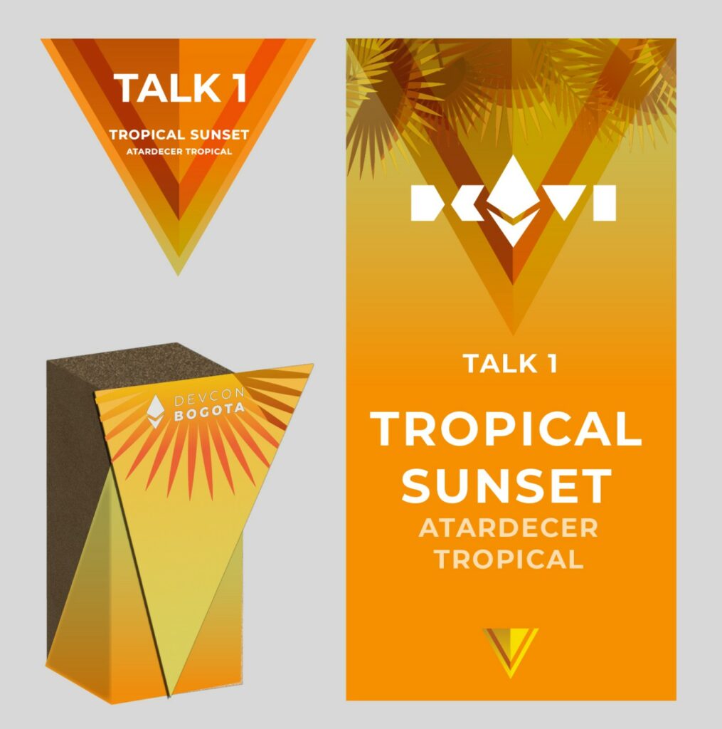Tarjeta y tótem triangular "Talk 1: Tropical Sunset / Atardecer Tropical", junto a un banner vertical con el mismo diseño