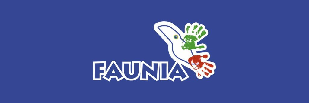 Banner con el logotipo de Faunia, un tucán ilustrado y salpicaduras de color sobre fondo azul
