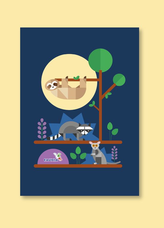 Cartel ilustrado de un paisaje nocturno con árboles y una luna, con el logotipo de Faunia