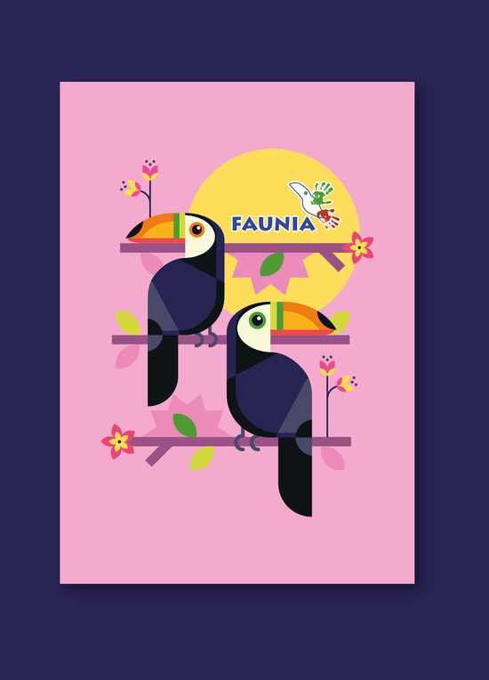 Cartel ilustrado de dos tucanes sobre fondo rosa con el logotipo de Faunia