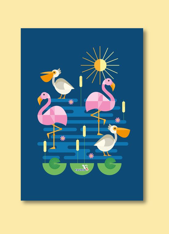 Cartel ilustrado de flamencos junto a un estanque con el logotipo de Faunia
