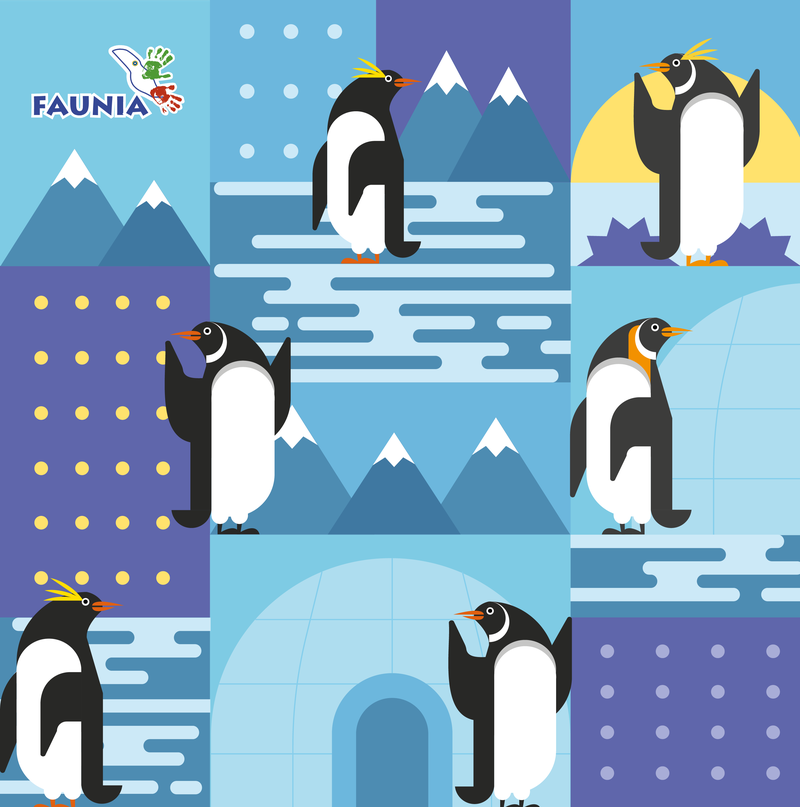 Patrón de pingüinos sobre fondo azul y blanco con el logotipo de Faunia