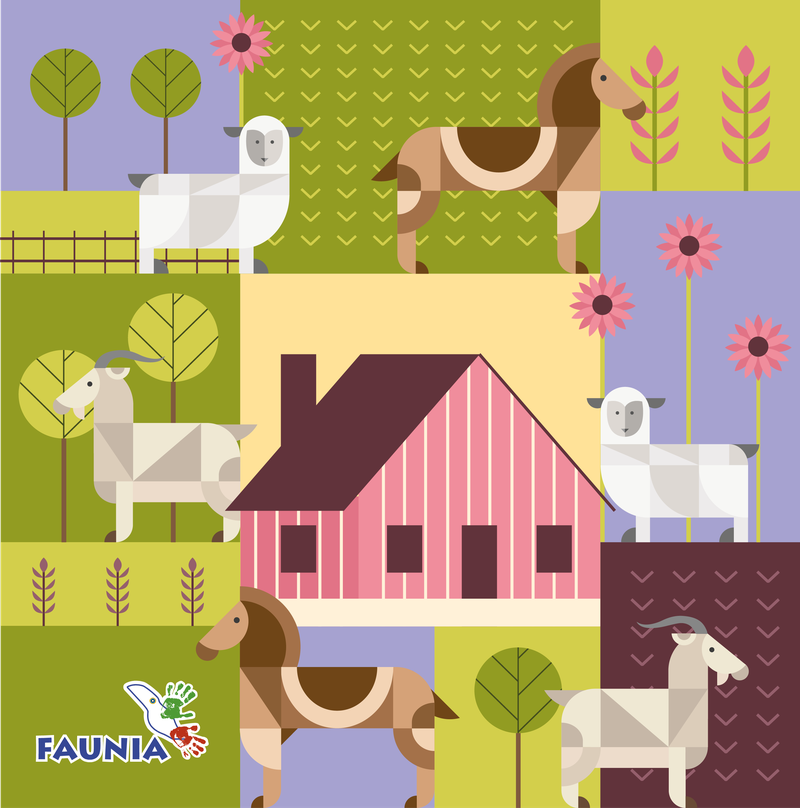 Patrón ilustrado de una granja con perro, oveja, vaca y casa de campo
