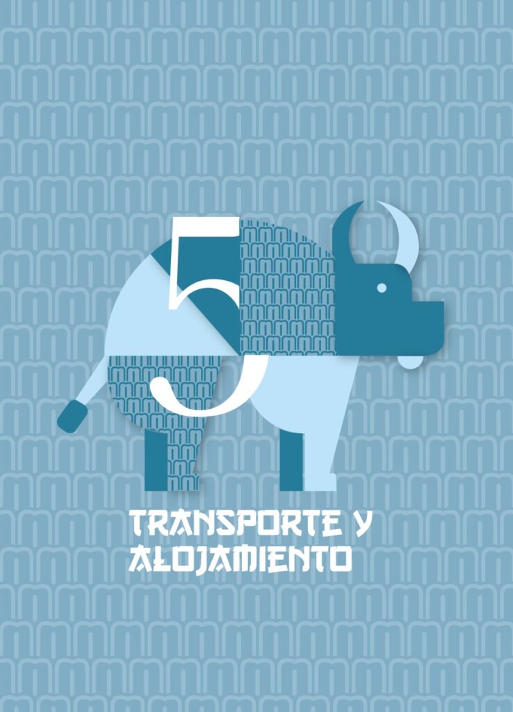 Portada de capítulo azul con el número 5 y una ilustración de elefante, "Transporte y alojamiento"