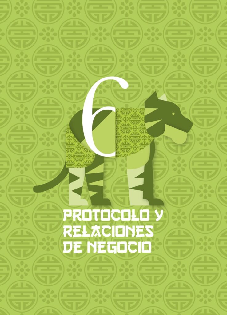 Portada de capítulo verde con el número 6 y una ilustración de árbol, "Protocolo y relaciones de negocio"