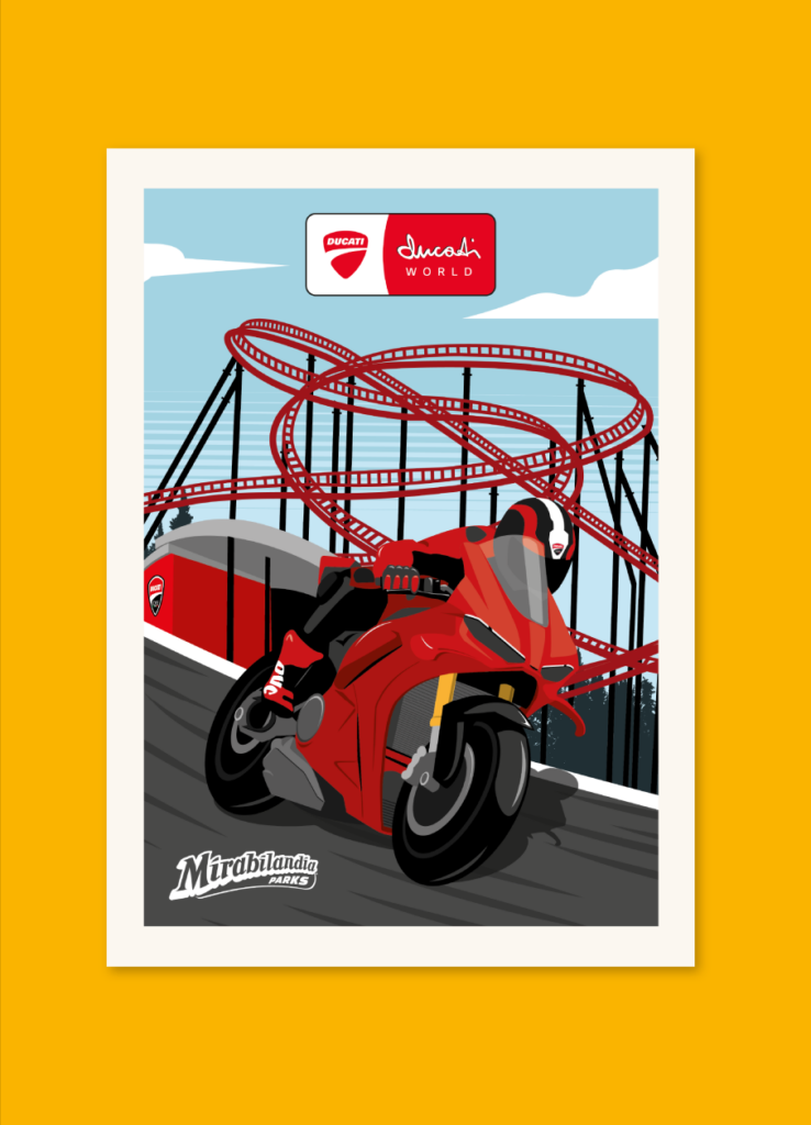 Cartel ilustrado de un vehículo todoterreno sobre fondo rojo