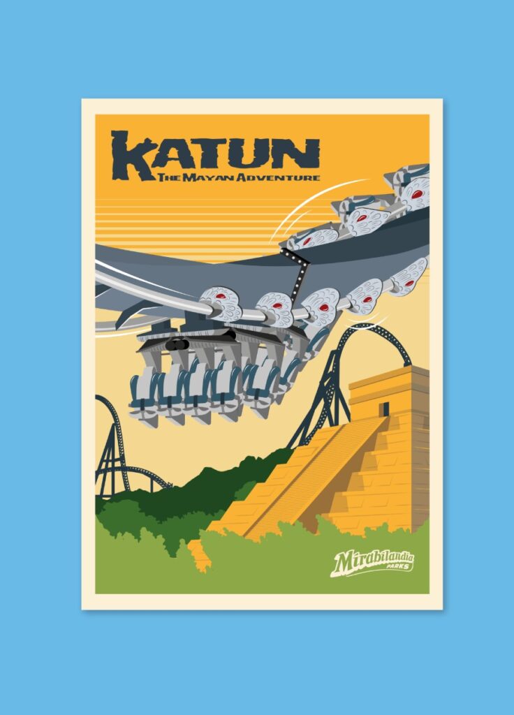 Cartel ilustrado de una montaña rusa de madera sobre fondo amarillo