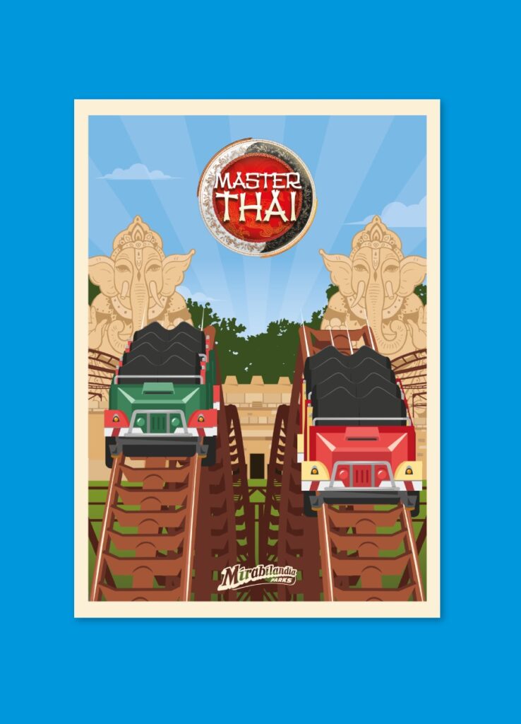 Cartel ilustrado de una atracción con motivos orientales sobre fondo rojo