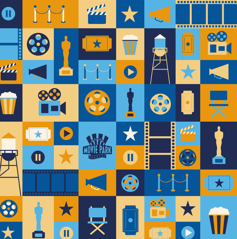 Patrón de iconos de cine (cámara, claqueta, palomitas, entradas) en azul, amarillo y naranja con el logotipo de Movie Park
