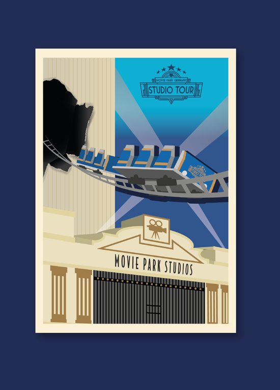 Cartel ilustrado en blanco y negro de un hotel temático de Movie Park