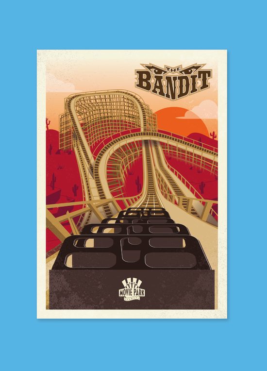 Cartel ilustrado de una montaña rusa de madera en tonos rojos