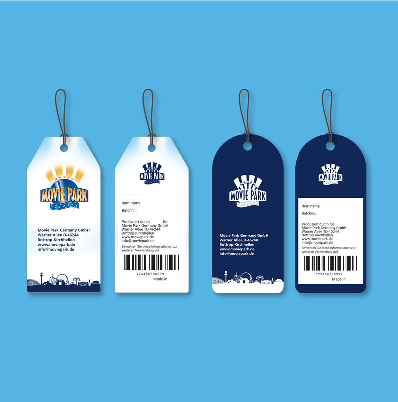 Etiquetas de producto con el logotipo de Movie Park y código de barras