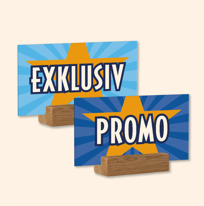 Tarjetas promocionales “Exklusiv Promo” en tonos azules