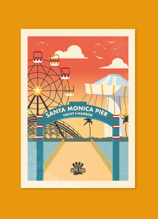 Cartel ilustrado de una montaña rusa del salvaje oeste sobre fondo naranja