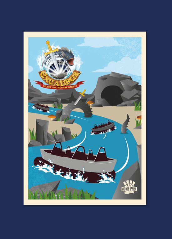 Cartel ilustrado de un barco pirata sobre fondo azul