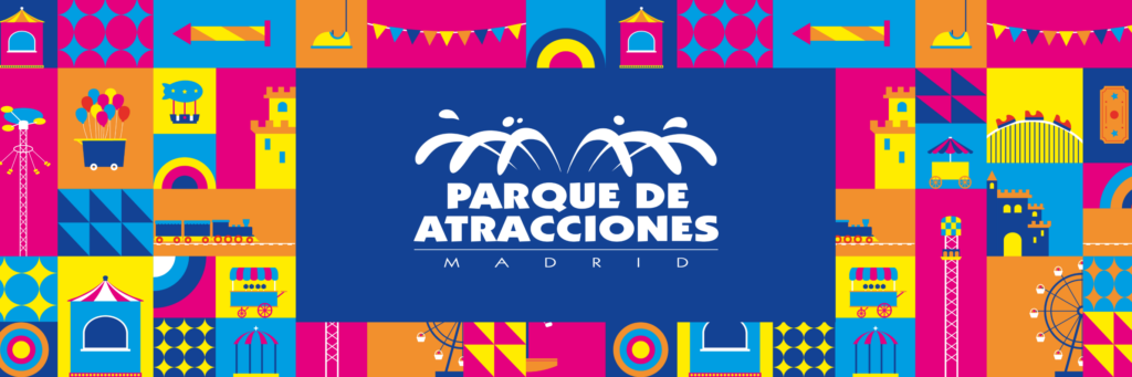Banner geométrico y colorido con el logotipo del Parque de Atracciones de Madrid y palmeras