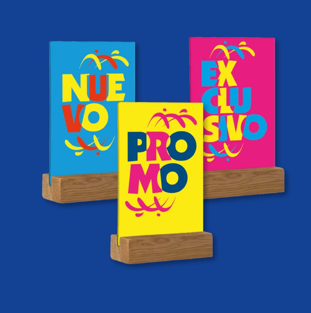 Carteles de madera promocionales “Nuevo” y “Exclusivo”