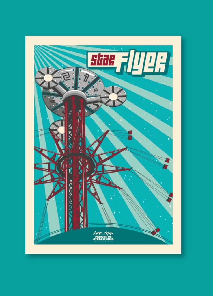 Cartel ilustrado de la atracción “Star Flyer” en tonos rojos
