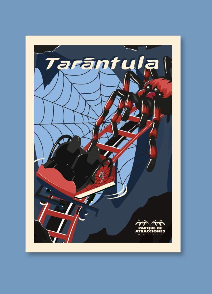 Cartel ilustrado de la atracción “Tarántula” en tonos oscuros