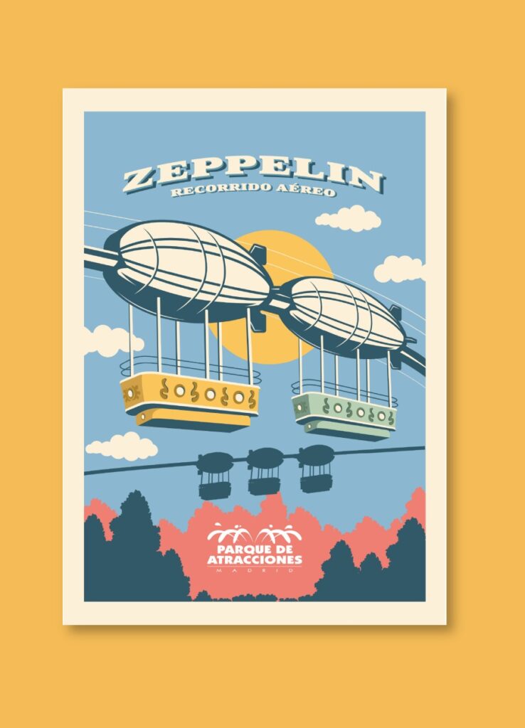 Cartel ilustrado de la atracción “Zeppelin” en tonos azules