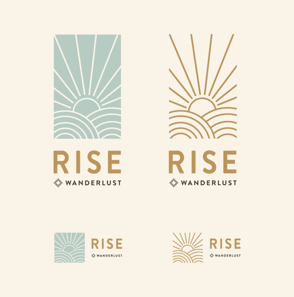 Variaciones del logotipo "RISE Wanderlust" en verde azulado y dorado, con versiones reducidas